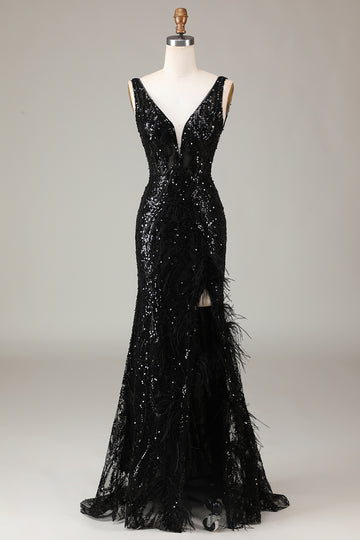 Zapaka Women Sparkly Black Sequins Long Formal Dress with Slit Feathered V-Neck Mermaid Backless Black Tie Dress